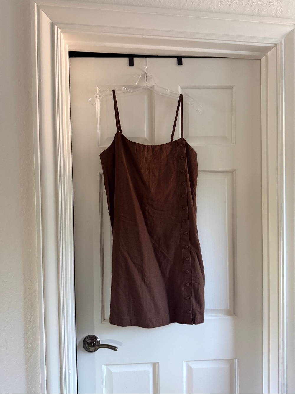 Brown Mini Slip Dress with Side Button Detail